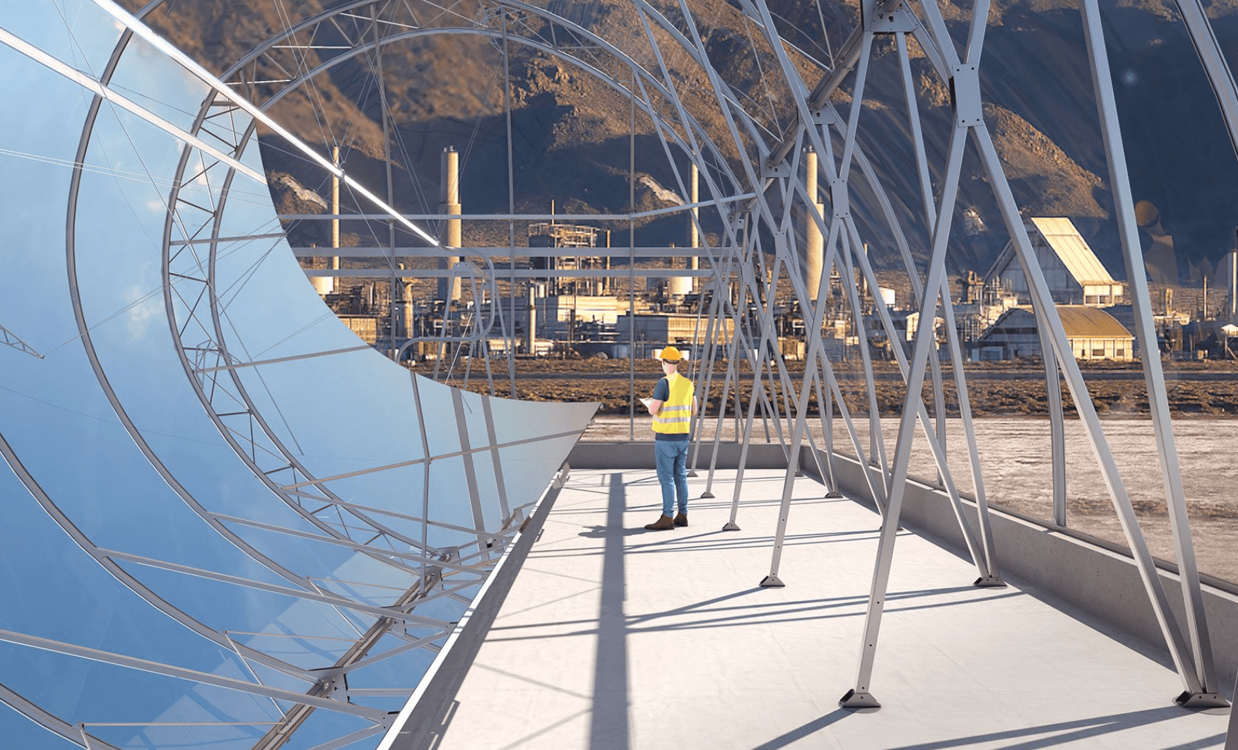 Mann steht vor 750 MWth Solarthermie-Technologien