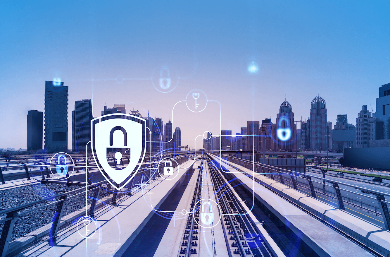 Das Bild zeigt den Weg zum Wolkenkratzern mit modernem futuristischen Zug.