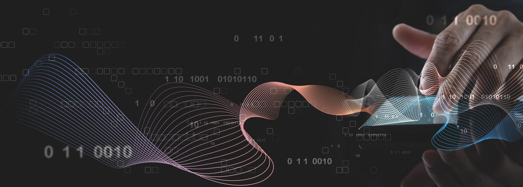 Handberührender digitaler Tablet-Bildschirm mit Big Data, globale Netzwerkverbindung, Internet und digitale Technologie, Datentransfer, Digitale Transformation, innovative Technologie, abstrakter Hintergrund